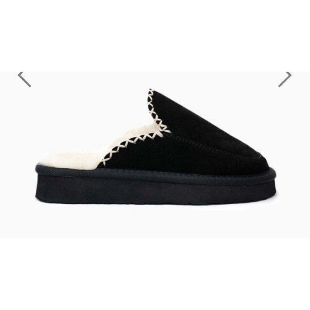 Minnetonka Café Faux Fur Scuff Slipper (Women) Size 8 Black Mules Slipper